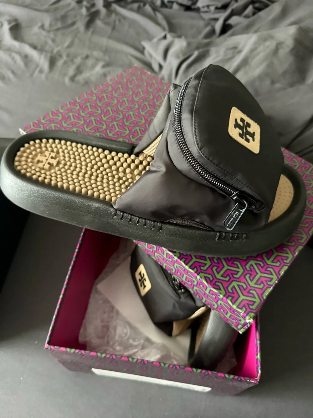 Tory Burch Black Nylon Slide Sandals with Gold Logo Patch